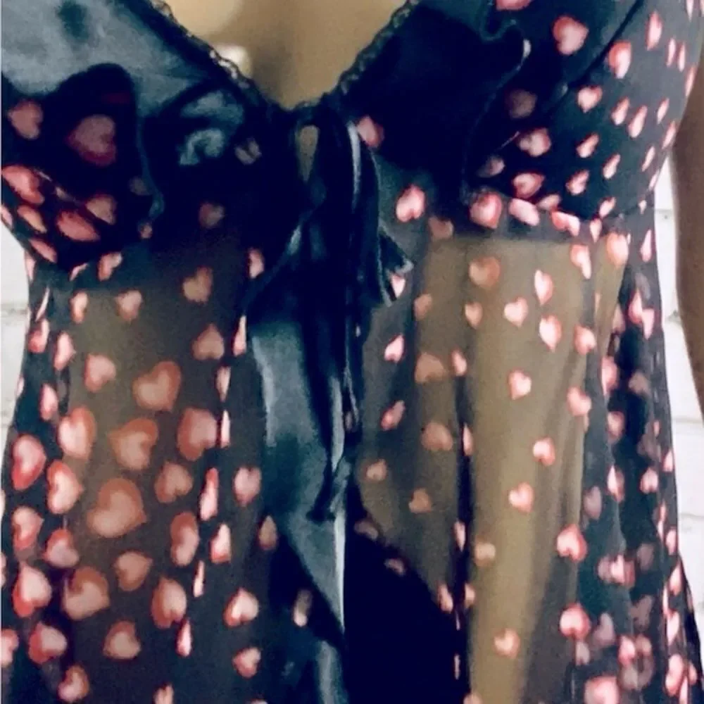 Black Lingerie W Pink Hearts OS Silky Sash Tie Ruffles Open Front Coquette